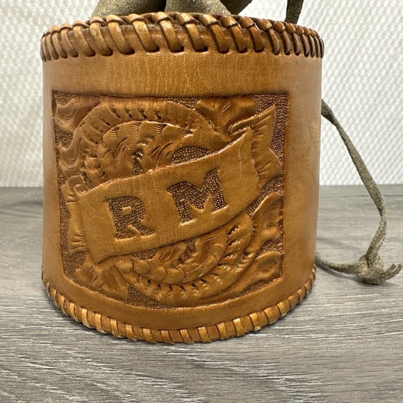 Leather Hand Tooled Leather Pouch Bag RM Monogram Drawstring Pouch Small Purse - Picture 2 of 9